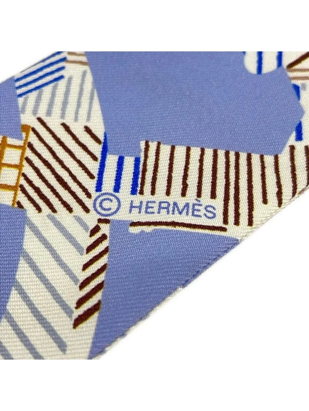 Hermes Scarf Twilight Light Blue Dark Brown Multi Ribbon